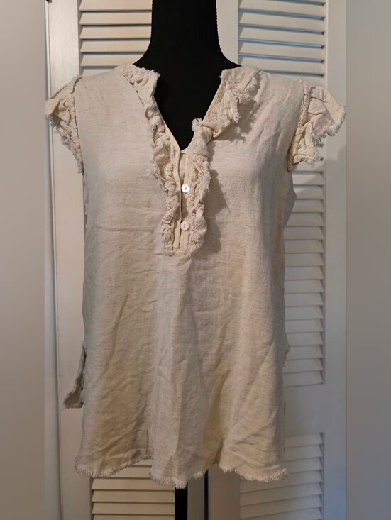 JODIFL Tops - Jodifl Raw hem Fringe ruffle Top Crafted In A Neutral Beige Or Cream Tone.